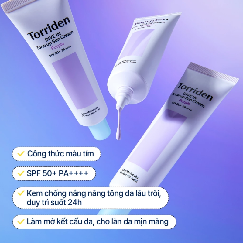 Kem chống nắng tím nâng tông hiệu chỉnh màu da Torriden Dive In Tone Up Sun Cream Purple SPF50+ PA++++ 60ml