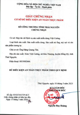 Giấy chứng nhận an toàn thực phẩm miến dong Việt Cường