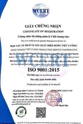 Giấy chứng nhận ISO 9001 miến dong Việt Cường